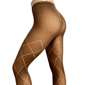 Vintage brown hollow-out diamond lattice tights with delicate knit pattern for women