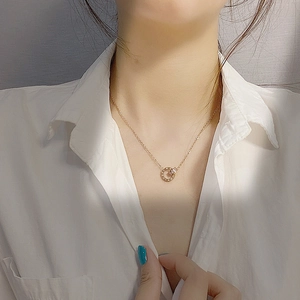 Elegant rose gold titanium necklace featuring interlocking double rings with crystal accents
