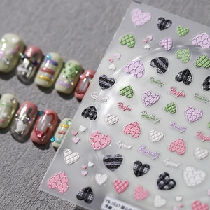 5D Embossed Nail Art Stickers PET Self Adhesive Heart Pattern Plaid Macaron Color Sweet Cute Manicure Decoration