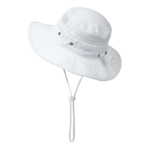 Detail of white outdoor sun hat featuring breathable mesh panels and adjustable wind cord