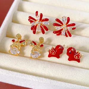 18k gold plated pony stud earrings set with red enamel and sparkling cubic zirconia