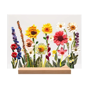 Detail view of colorful 3D floral acrylic art panel with solid wooden base stand