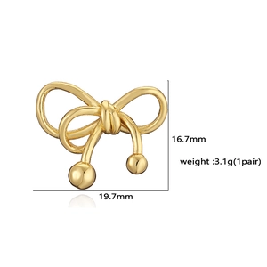 Detailed view of gold bow earrings showing 16.7mm x 19.7mm dimensions and 3.1g weight