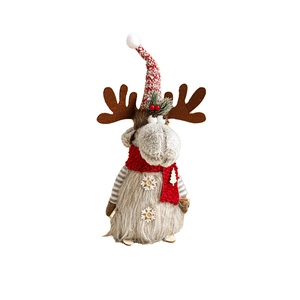 Christmas reindeer plush doll with red scarf and Nordic hat for festive window decoration