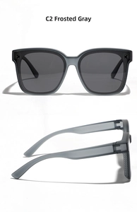 Front and side view of matte grey polarized sunglasses with classic square frames