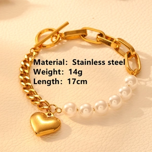 Golden heart pendant and pearl toggle bracelet made of non-tarnish stainless steel