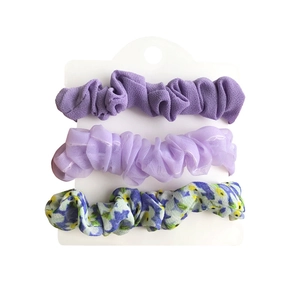 Set of 3 vintage floral mesh and purple fabric scrunchies on white card packaging