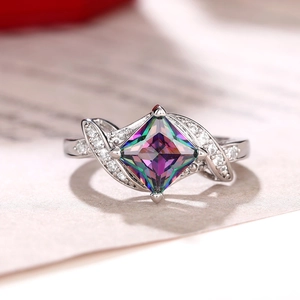 Macro shot of silver twisted band ring with a large square rainbow mystic topaz gemstone