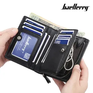 Vertical black leather wallet for men with multi-card slots and secure zipper coin pocket