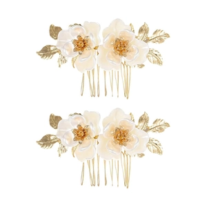 Set of two white lotus bridal hair combs with golden metal leaves for wedding hairstyles
