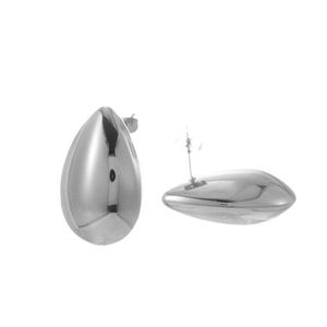 Polished silver stainless steel teardrop C-shape earrings shown from multiple angles