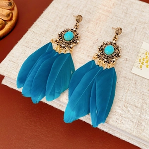 Nahaufnahme von Bohemian-Federohrringen in Pfauenblau mit antiken Bronzedetails