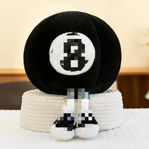 Creative plush 8-ball billiard toy with dangling legs sitting in a woven white basket