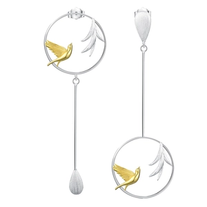 Detailed S925 silver asymmetric bird and leaf earrings with two-tone finish