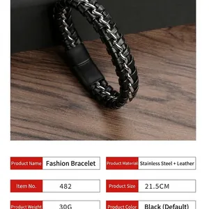 Handmade woven black leather bracelet with stainless steel chain and magnetic clasp