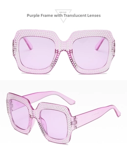 Detailed view of oversized purple square sunglasses with sparkling rhinestone trim