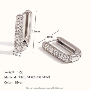 Detail showing dimensions and silver 316L stainless steel U-shaped zircon earrings