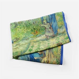 Detail of Van Gogh painting silk scarf with First Steps art and blue hemmed edges
