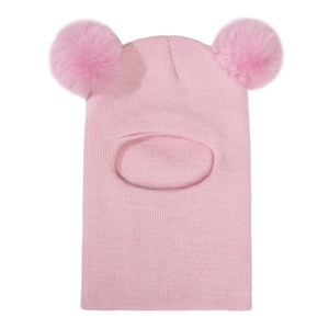 Pink knit baby balaclava hat with dual faux fur pom-poms for winter warmth