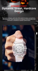 Close-up of pink tonneau skeleton watch with transparent resin strap and intricate gears