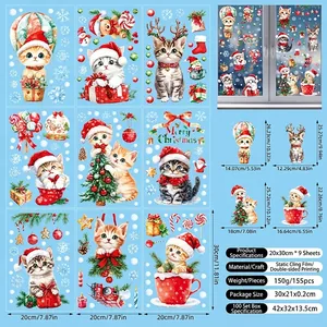 Close-up of 9-sheet Christmas cat window clings with snowflakes and balloon patterns