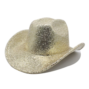 Detailansicht eines Party-Cowboyhuts mit funkelnden Gold- und Silberpailletten