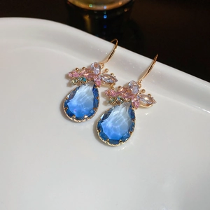 Elegant gold drop earrings with water-drop blue gem and colorful flower cluster crystals