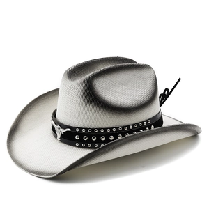 Vintage western straw cowboy hat with bull head stud and gradient woven texture