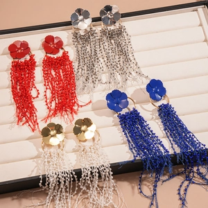 Exaggerated glass bead tassel flower earrings in red navy blue silver and white gold
