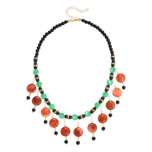 Ethnic style necklace with colorful resin beads and orange stone pendant on gold chain