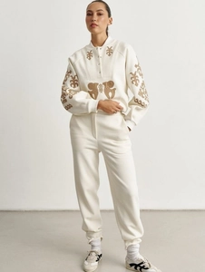 Women 100% Cotton Sweatshirt And Pants Half Zip Stand Collar Bohemian Embroidered Long Sleeve Ethnic Streetwear