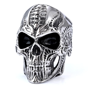 Biker style vintage skull ring in polished stainless steel with antique finish detail