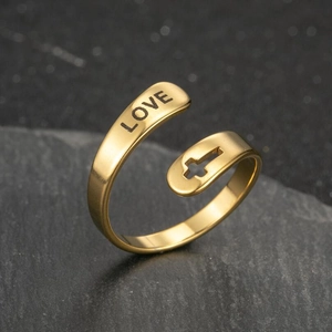 Vintage gold stainless steel double layer cross ring with LOVE engraving and open design