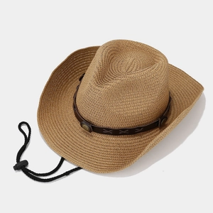 Breathable retro Panama straw hat with brown leather belt and metallic studs detail
