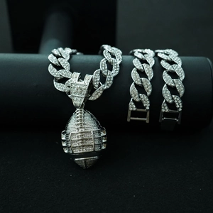 Silver iced out Cuban chain set with American football helmet pendant for men and women
