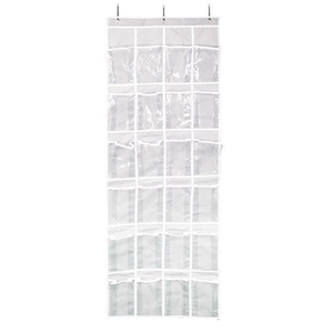 Hanging closet door organizer with 24 clear PVC pockets for shoe and accessory storage
