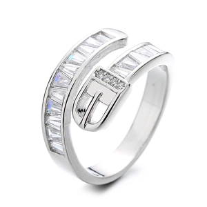 Chic silver belt buckle ring with baguette and round cubic zirconia in open design