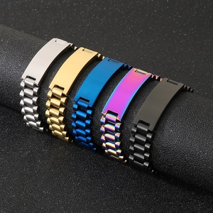 Polished stainless steel ID bracelets in five colors on a professional display