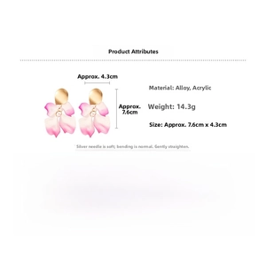 Detail view of pink acrylic flower earrings with dimensions 7.6cm x 4.3cm and 14.3g weight
