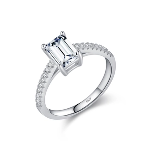 Elegant S925 sterling silver ring featuring an emerald-cut centerpiece with side diamonds