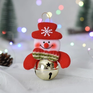 Christmas snowman plush ornament with red hat and golden bell for tree decoration