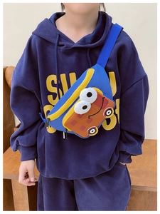 Blue cartoon car waist bag for kids featuring big plush eyes and yellow zippers