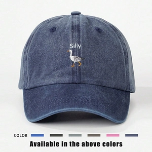 Navy blue washed denim baseball cap featuring white Silly duck embroidery on the front