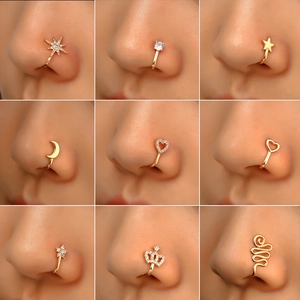 Collection of gold-plated non-pierced U-shaped nose clips with zircon star and heart shapes