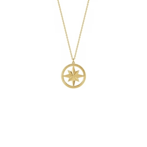 Detail of gold compass pendant with octagonal star design on a delicate gold chain