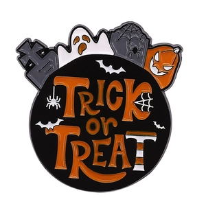 Cartoon Halloween Trick or Treat enamel pin with ghost, pumpkin and tombstone elements