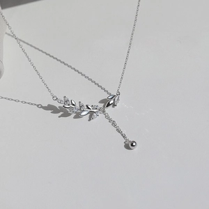 Elegant silver wheat ear necklace with sparkling zircon leaves and a tassel drop pendant