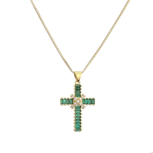Gold plated cross necklace with vibrant green rectangular zircon and white crystal accents