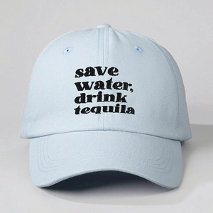 Light blue cotton baseball cap with Save Water Drink Tequila embroidery and curved brim