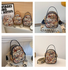 Detail view of mini crossbody bags with cartoon bear patterns and jacquard fabric texture